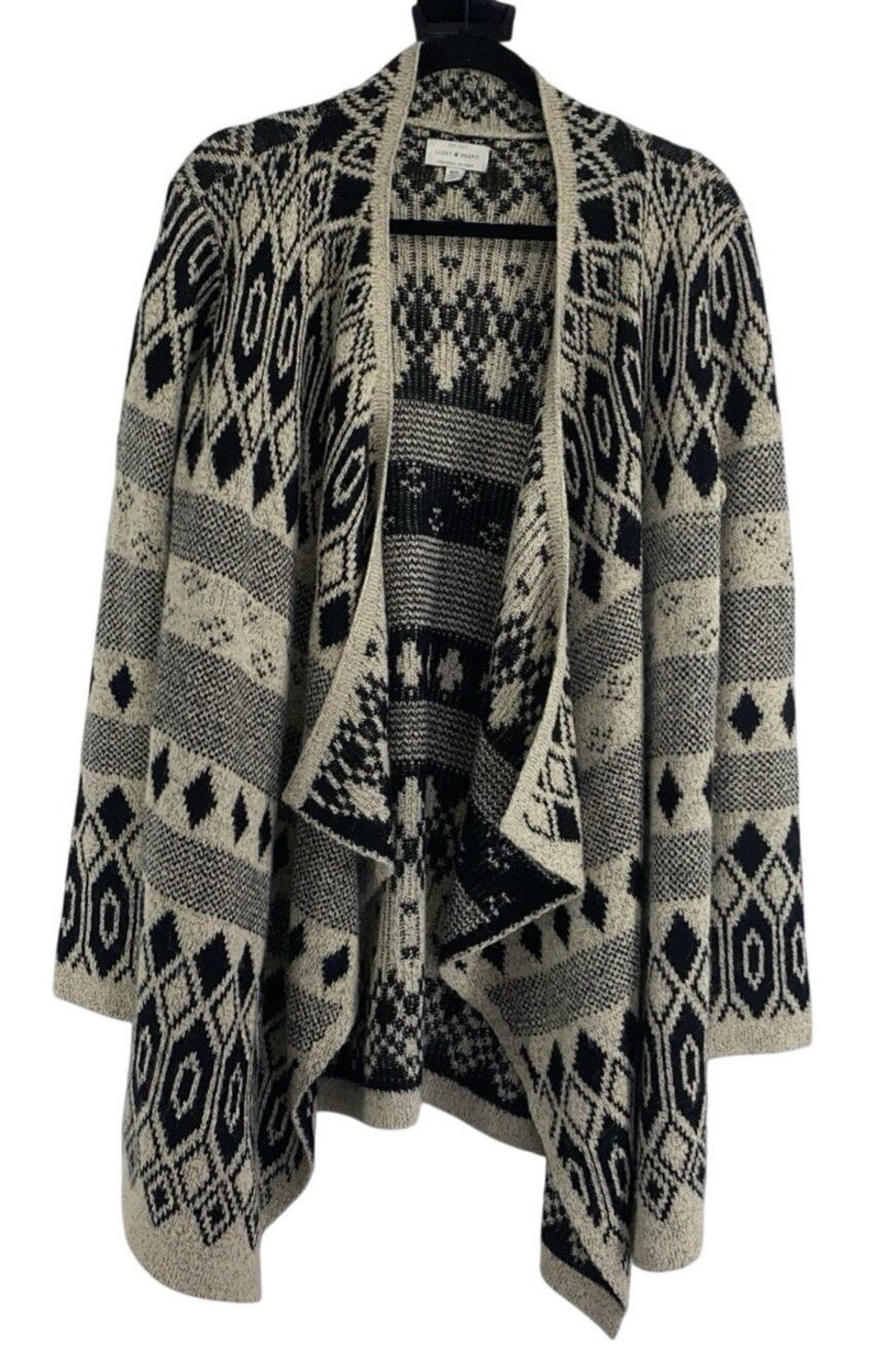 Lucky Brand Open Front Waterfall Cardigan Womens M Beige Black Aztec Boho Casual